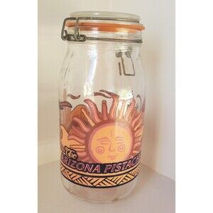 Vtg 2L Arizona Pistachio Glass Canister Jar Southwest Sun Cactus Hinge Lid 1980s